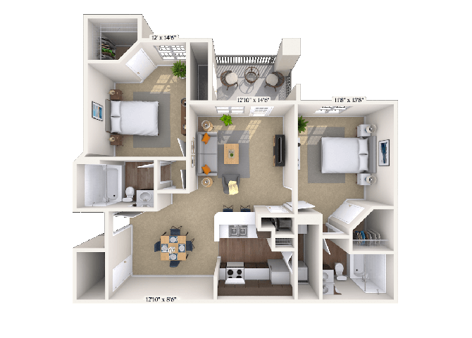 Floor plan for 2 beds, 2 baths, 1134 sqft
