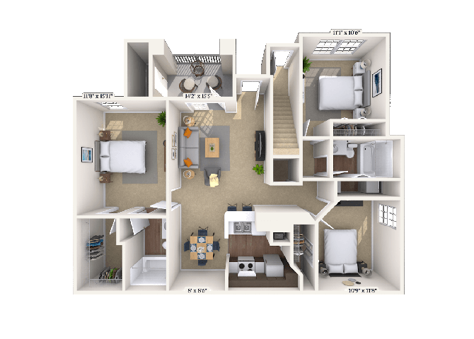 Floor plan for 3 beds, 2 baths, 1392 sqft