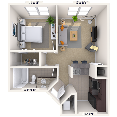 Floor plan for 1 bed, 1 bath, 579 sqft