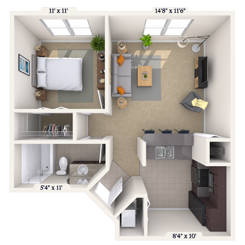 Floor plan for 1 bed, 1 bath, 650 sqft