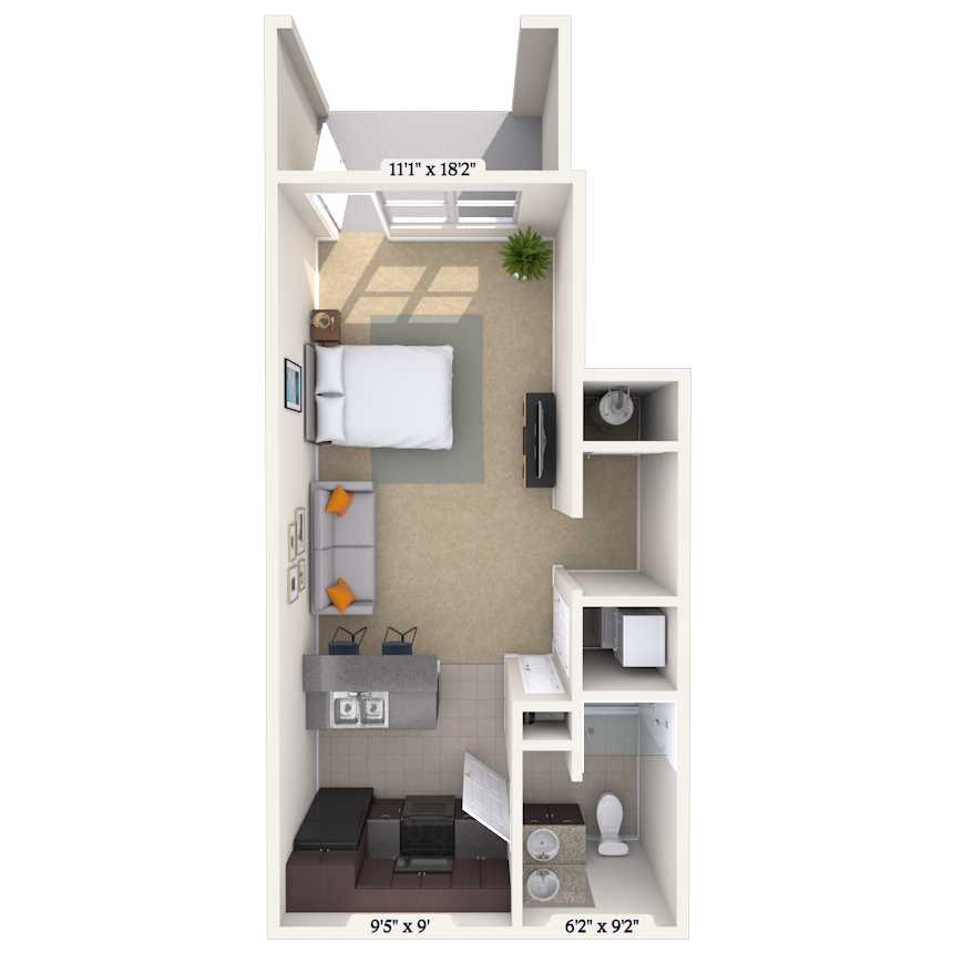 Floor plan for 1 bed, 1 bath, 458 sqft