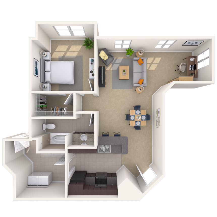 Floor plan for 1 bed, 1 bath, 926 sqft