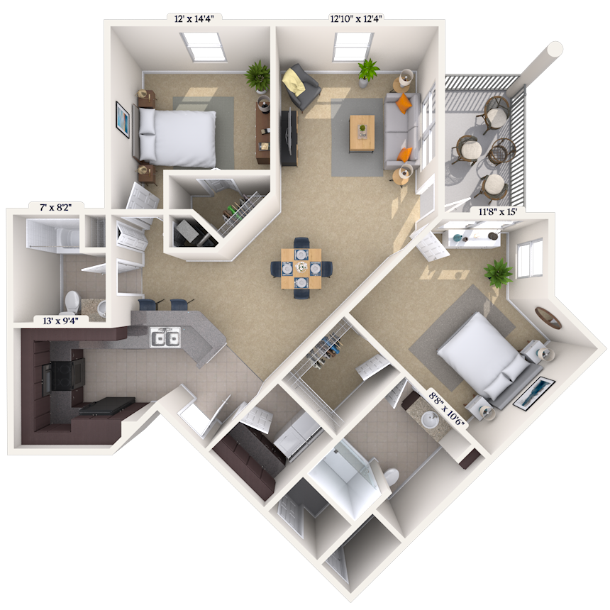Floor plan for 2 beds, 2 baths, 1468 sqft