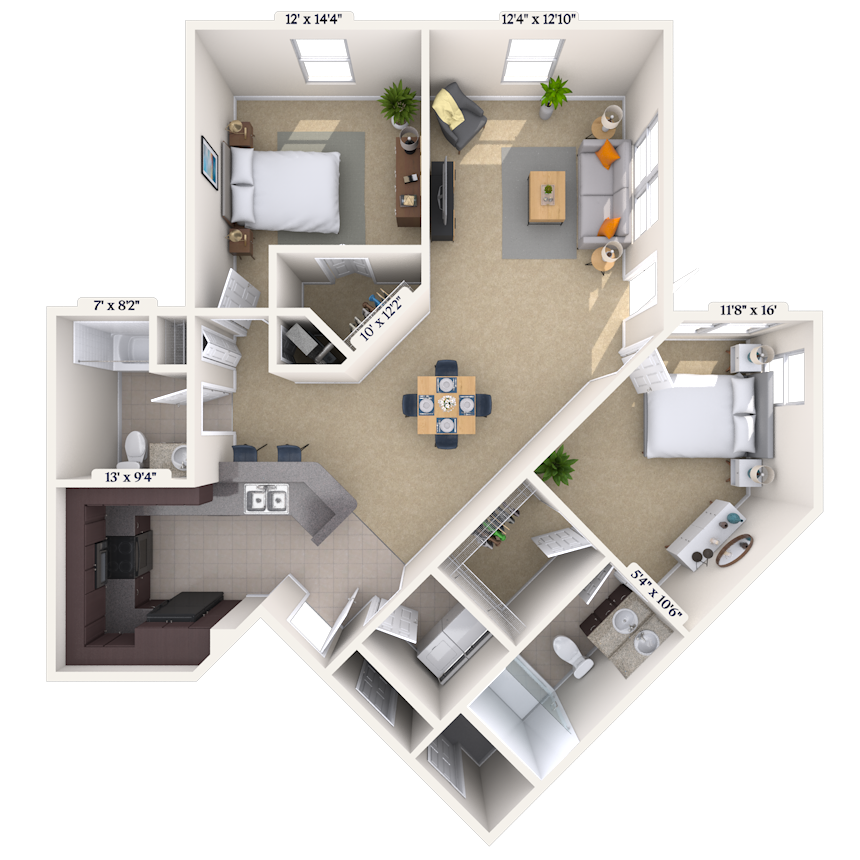Floor plan for 2 beds, 2 baths, 1200 sqft