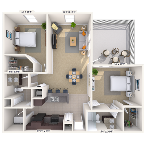 Floor plan for 2 beds, 2 baths, 1112 sqft