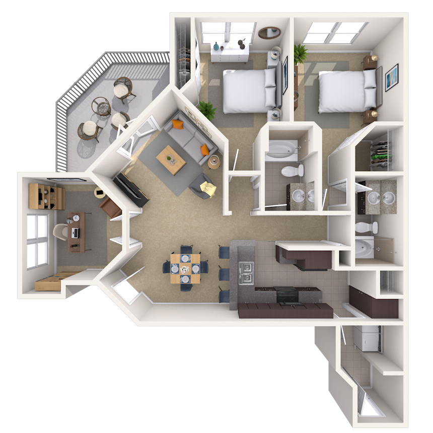 Floor plan for 2 beds, 2 baths, 1350 sqft