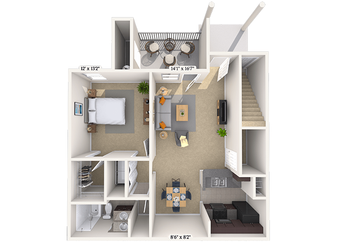 Floor plan for 1 bed, 1 bath, 933 sqft