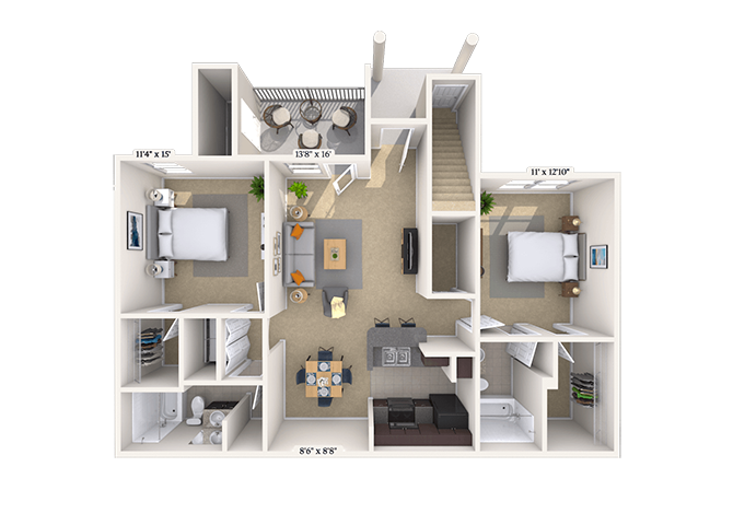 Floor plan for 2 beds, 2 baths, 1217 sqft