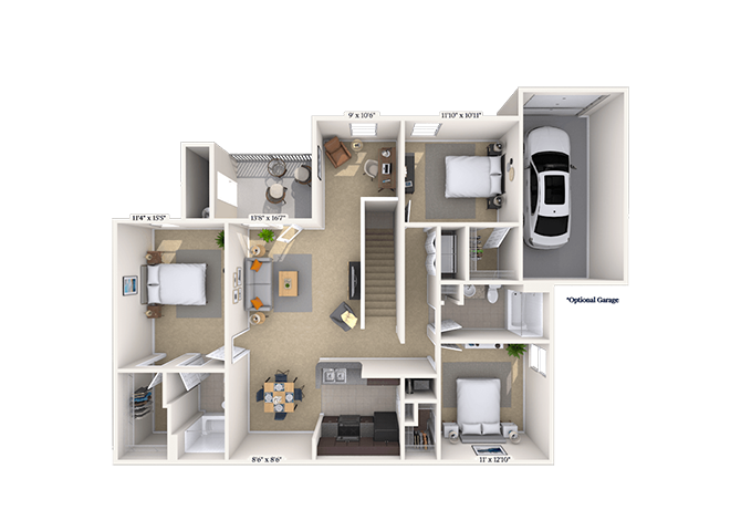 Floor plan for 3 beds, 2 baths, 1419 sqft