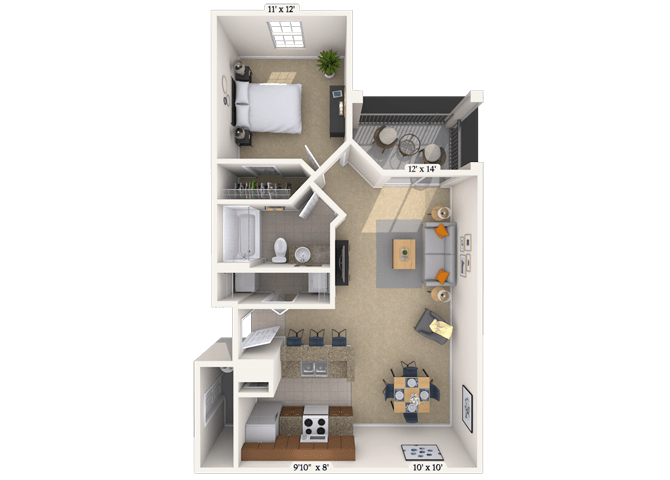 Floor plan for 1 bed, 1 bath, 706 sqft