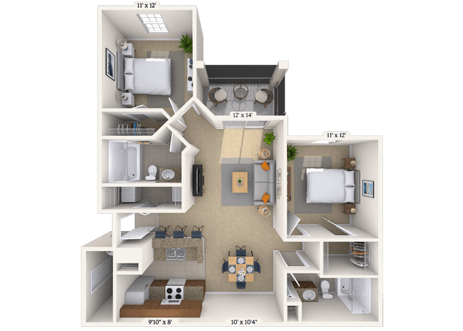 Floor plan for 2 beds, 2 baths, 964 sqft
