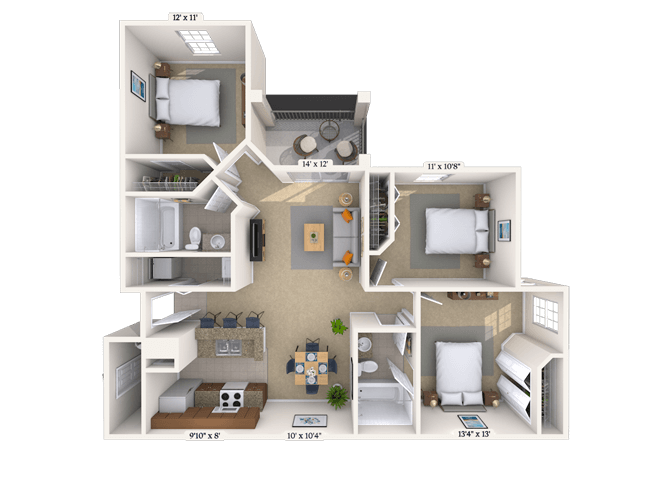 Floor plan for 3 beds, 2 baths, 1108 sqft