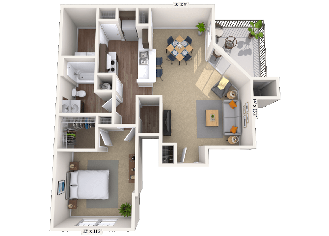 Floor plan for 1 bed, 1 bath, 910 sqft