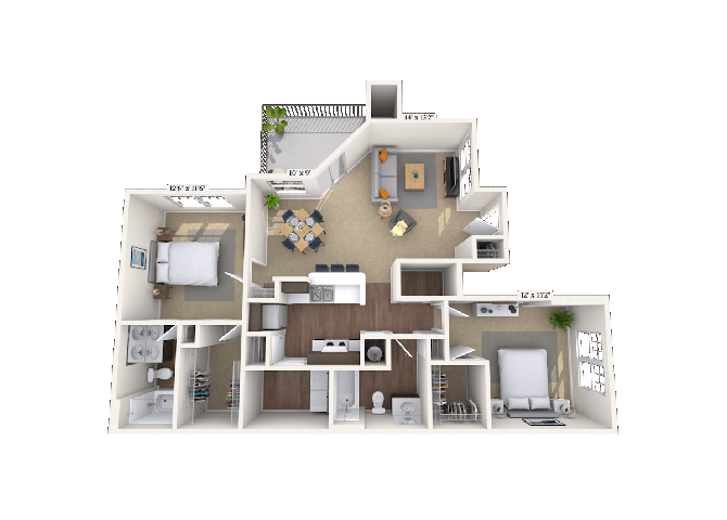 Floor plan for 2 beds, 2 baths, 1175 sqft