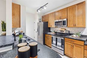 Lake Mary apartment for rent - a kitchen with wooden cabinets and stainless steel appliances