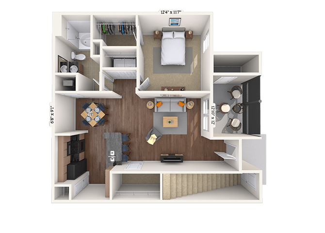 Floor plan for 1 bed, 1 bath, 883 sqft