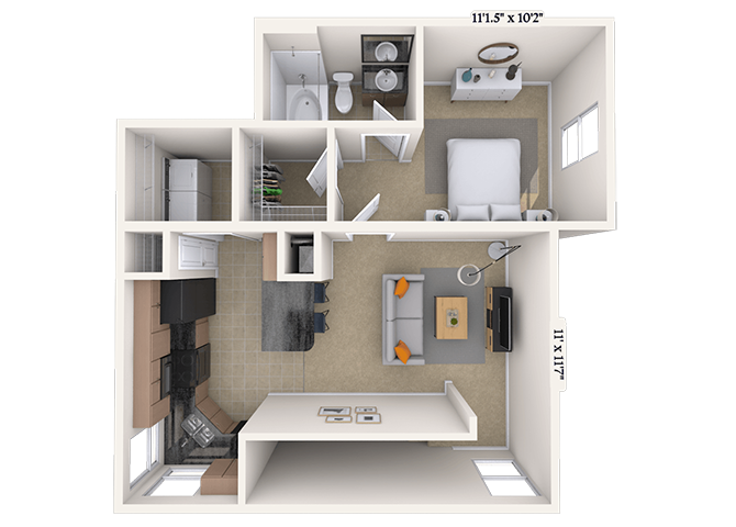 Floor plan for 1 bed, 1 bath, 682 sqft