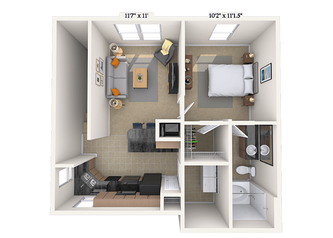 Floor plan for 1 bed, 1 bath, 735 sqft