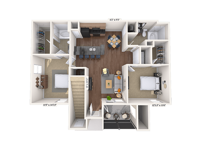 Floor plan for 2 beds, 2 baths, 1184 sqft