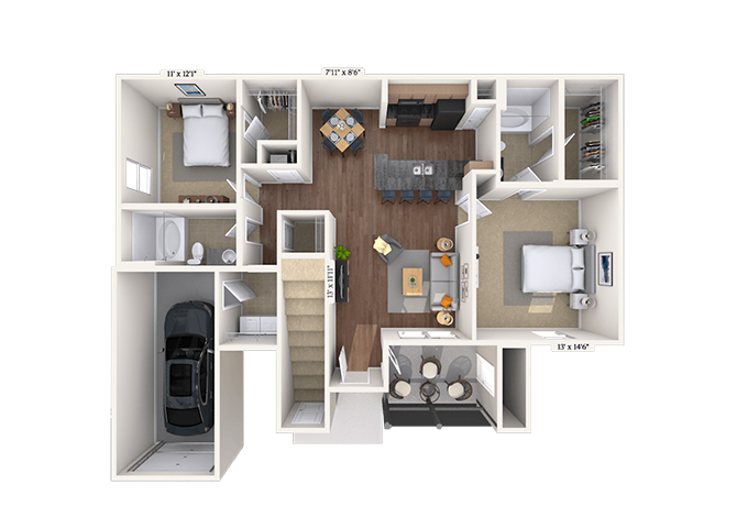 Floor plan for 2 beds, 2 baths, 1240 sqft