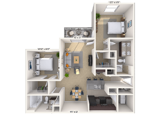 Floor plan for 2 beds, 2 baths, 1071 sqft