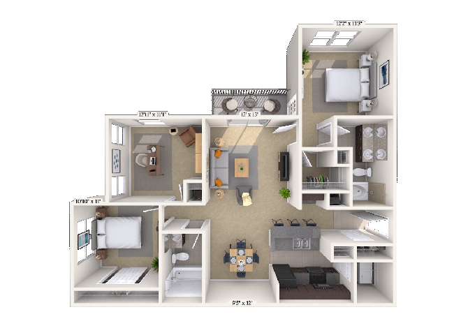 Floor plan for 2 beds, 2 baths, 1210 sqft