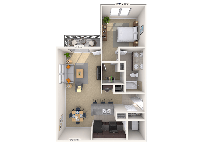 Floor plan for 1 bed, 1 bath, 805 sqft