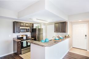 Orlando apartment for rent - a kitchen with stainless steel appliances and a granite counter top