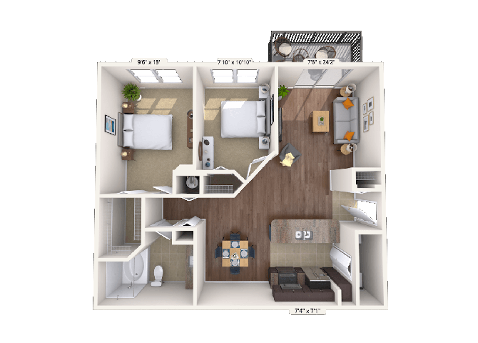 Floor plan for 2 beds, 1 bath, 956 sqft