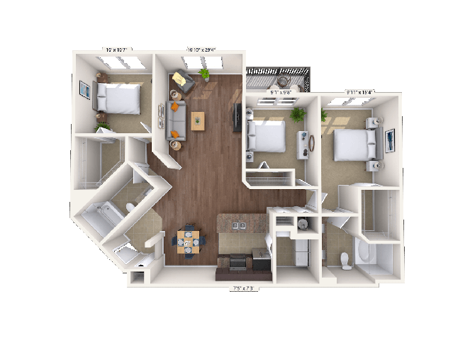 Floor plan for 3 beds, 2 baths, 1346 sqft