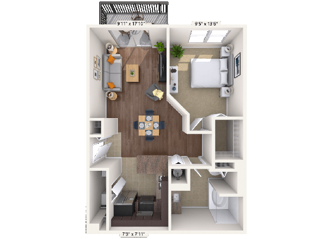 Floor plan for 1 bed, 1 bath, 771 sqft