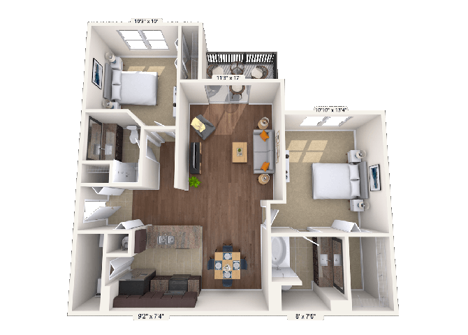 Floor plan for 2 beds, 2 baths, 1070 sqft