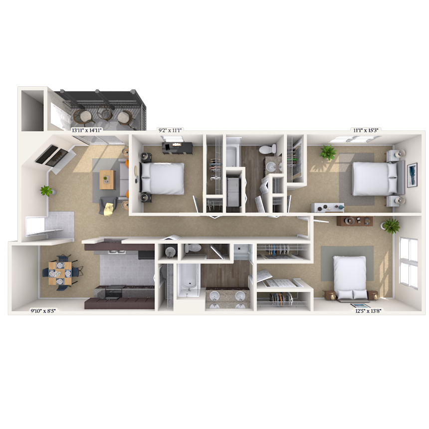 Floor plan for 3 beds, 2 baths, 1438 sqft