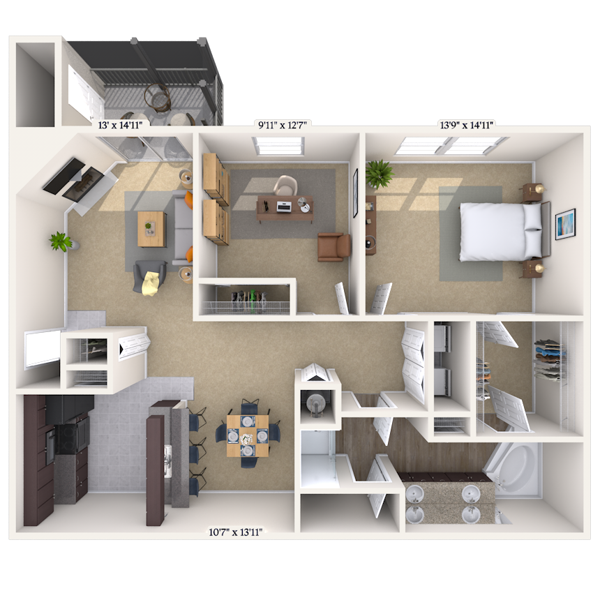 Floor plan for 2 beds, 1 bath, 1257 sqft