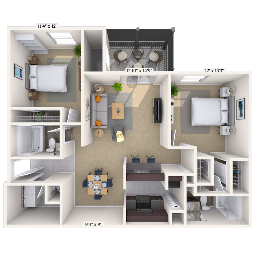 Floor plan for 2 beds, 2 baths, 1110 sqft