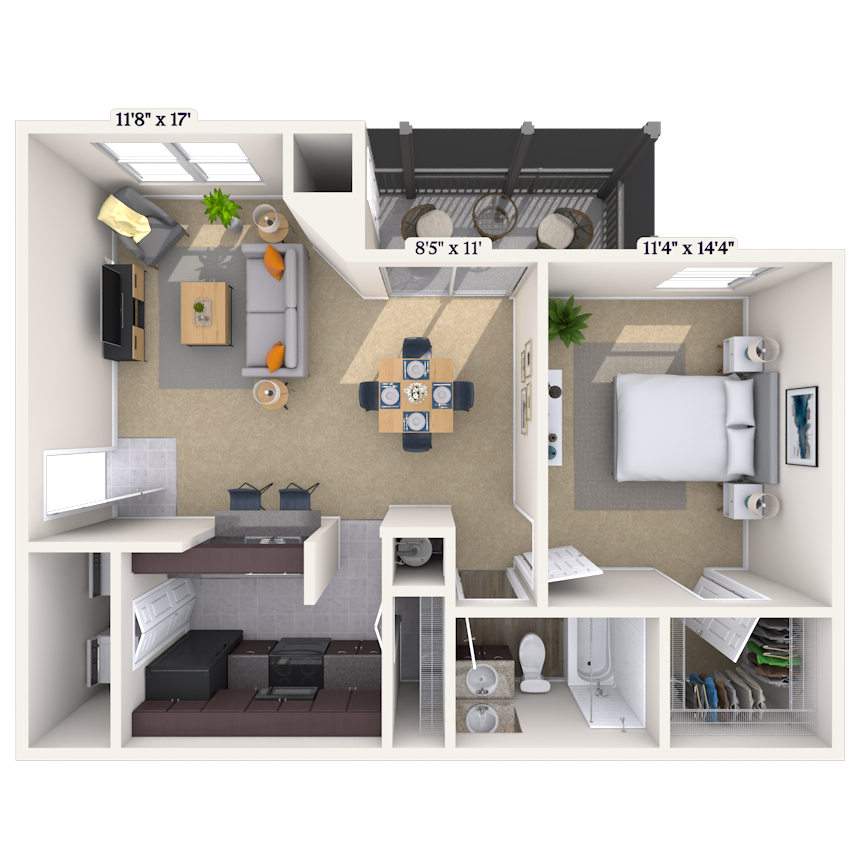 Floor plan for 1 bed, 1 bath, 820 sqft