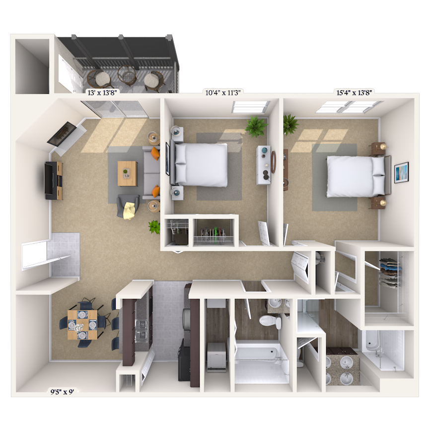 Floor plan for 2 beds, 2 baths, 1195 sqft