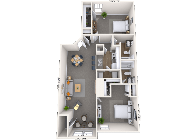 Floor plan for 2 beds, 2 baths, 1067 sqft