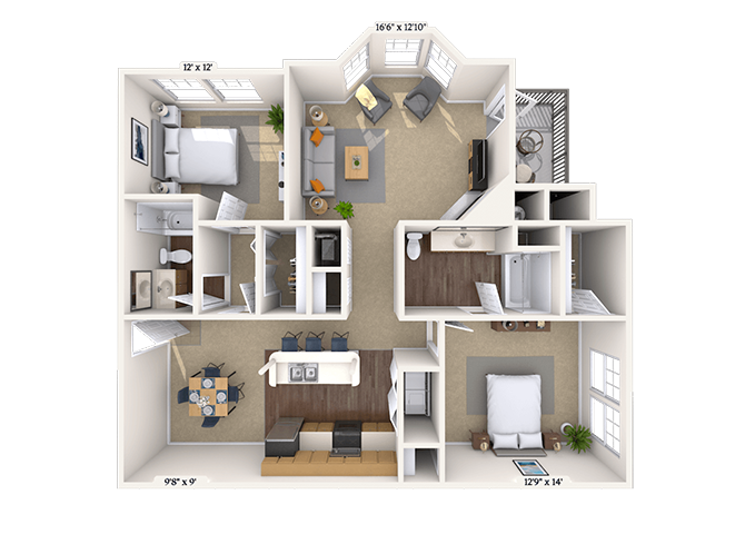 Floor plan for 2 beds, 2 baths, 1282 sqft