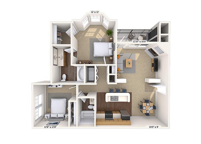 Floor plan for 2 beds, 2 baths, 1239 sqft