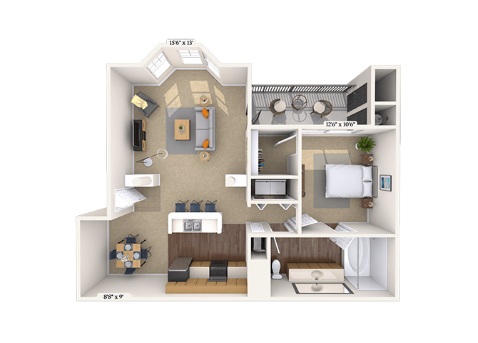 Floor plan for 1 bed, 1 bath, 966 sqft