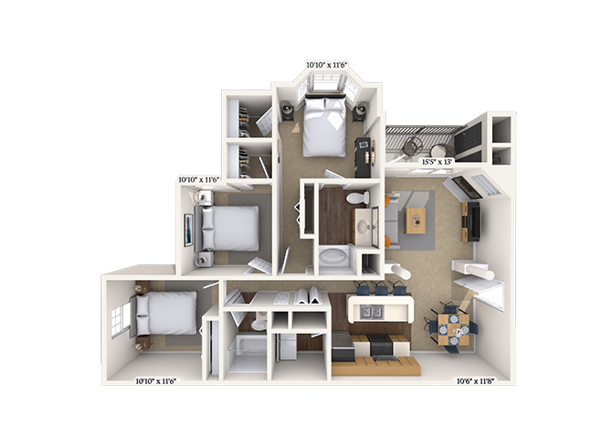 Floor plan for 3 beds, 2 baths, 1541 sqft