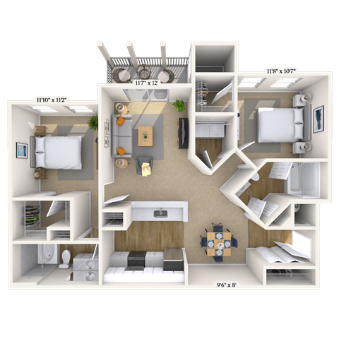 Floor plan for 2 beds, 2 baths, 1096 sqft