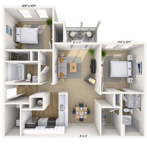 Floor plan for 2 beds, 2 baths, 1060 sqft