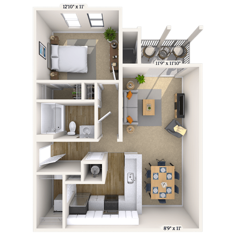 Floor plan for 1 bed, 1 bath, 780 sqft