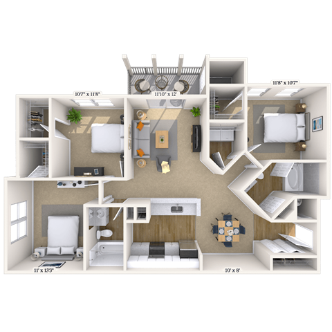 Floor plan for 3 beds, 2 baths, 1260 sqft