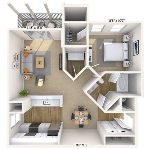 Floor plan for 1 bed, 1 bath, 816 sqft