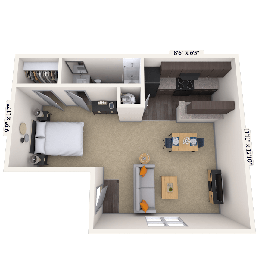Floor plan for 1 bed, 1 bath, 425 sqft