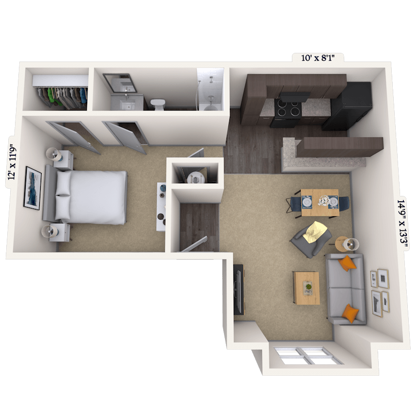 Floor plan for 1 bed, 1 bath, 505 sqft