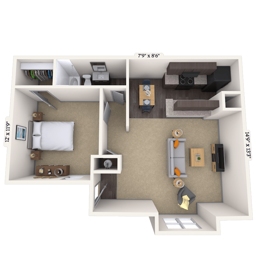 Floor plan for 1 bed, 1 bath, 620 sqft